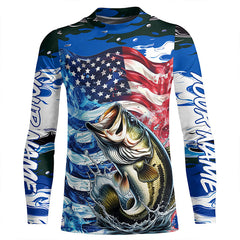 Maxcorners Custom American Flag Bass Long Sleeve Fishing Shirts, Patriotic Blue Camo Bass Fishing Jerseys LM0501