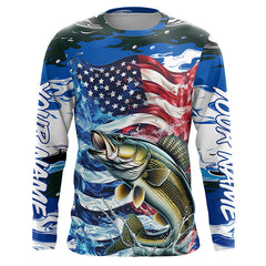 Maxcorners Custom American Flag Walleye Long Sleeve Fishing Shirts, Patriotic Blue Camo Walleye Fishing Jerseys LM0501