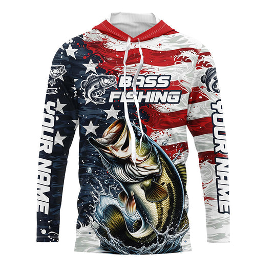 Maxcorners Personalized American Flag Bass Long Sleeve Fishing Shirts, Patriotic Bass Fishing Jerseys LM0201
