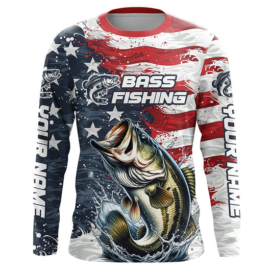 Maxcorners Personalized American Flag Bass Long Sleeve Fishing Shirts, Patriotic Bass Fishing Jerseys LM0201