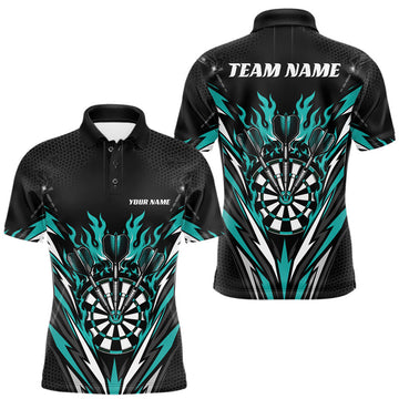 Maxcorners Custom Black And Turquoise Blue Flame Bullseye Darts Men Polo Shirt, Darts Team Jerseys LM0208