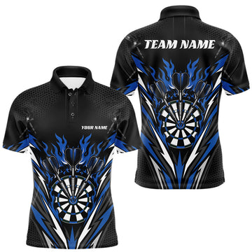 Maxcorners Custom Black And Blue Flame Bullseye Darts Men Polo Shirt, Darts Team Jerseys LM0208