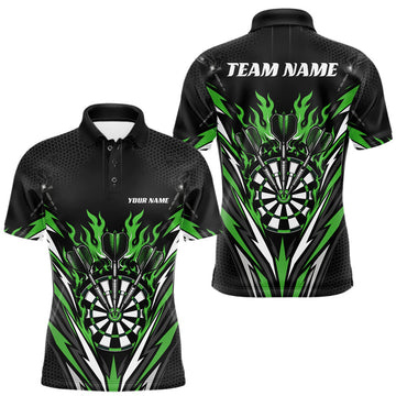 Maxcorners Custom Black And Green Flame Bullseye Darts Men Polo Shirt, Darts Team Jerseys LM0208