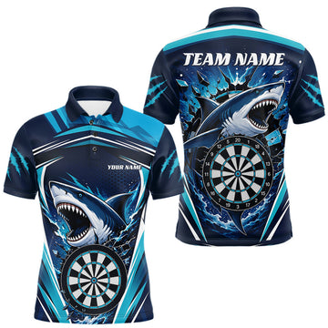 Maxcorners Custom Blue Shark With Broken Dartboard Darts Team Polo Shirt For Men, Darts League Shirt LM0208