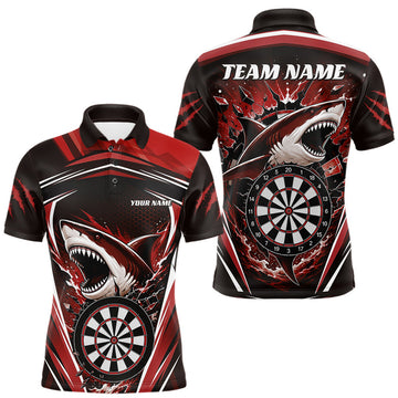 Maxcorners Custom Red Shark With Broken Dartboard Darts Team Polo Shirt For Men, Darts League Shirt LM0208