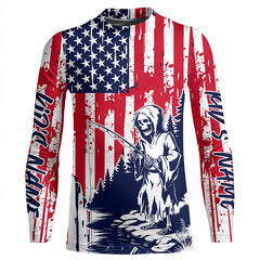 Maxcorners Custom American Flag Skull Patriotic Long Sleeve Fishing Shirts, Halloween Fishing LM0501