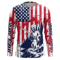 Maxcorners Custom American Flag Skull Patriotic Long Sleeve Fishing Shirts, Halloween Fishing LM0501