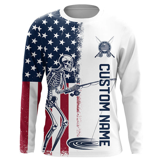 Maxcorners Custom American Flag Skull Patriotic Long Sleeve Fishing Shirts, Halloween Fishing Outfit LM0501