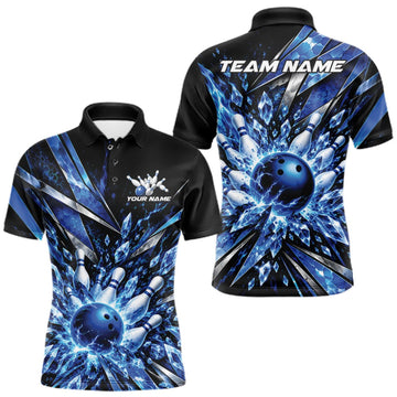 Maxcorners Custom Blue Icy Crystal Bowling Men Polo Shirt, Ice Bowling Team Jersey Bowler Outfit LM0410