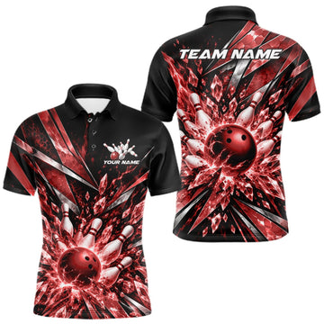 Maxcorners Custom Red Icy Crystal Bowling Men Polo Shirt, Ice Bowling Team Jersey Bowler Outfit LM0410