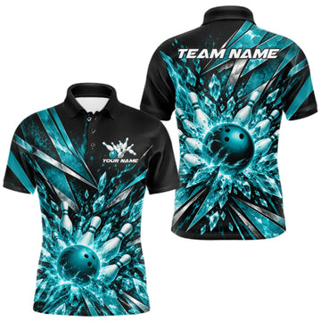 Maxcorners Custom Teal Blue Icy Crystal Bowling Men Polo Shirt, Bowling Team Jersey Bowler Outfit LM0410
