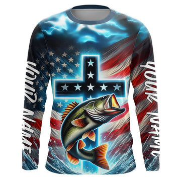 Maxcorners Custom Faith Largemouth Bass Patriotic Long Sleeve Tournament Fishing Shirt, Bass Fishing Jersey LM0201