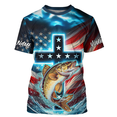 Maxcorners Custom Faith Walleye PatrioticTournament Fishing T Shirt, Walleye Fishing Jersey MT2108