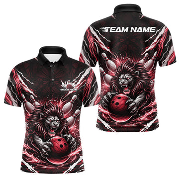 Maxcorners Custom Black And Red Lion Bowling Jerseys, Lion Bowling Tournament Men Polo Shirt