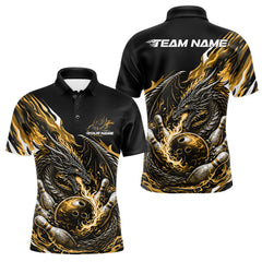 Maxcorners Custom Yellow Flame Dragon Bowling Men Polo Team Shirts, Bowling Tournament Shirt TU3012