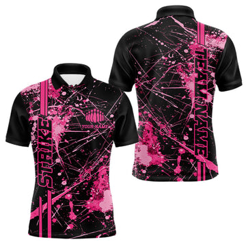 Maxcorners Custom Black And Pink Splatter Camo Strike Bowling League Shirts, Men Bowling Jerseys LM0602