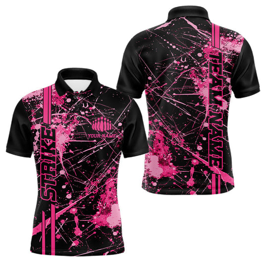 Maxcorners Custom Black And Pink Splatter Camo Strike Bowling League Shirts, Men Bowling Jerseys LM0602