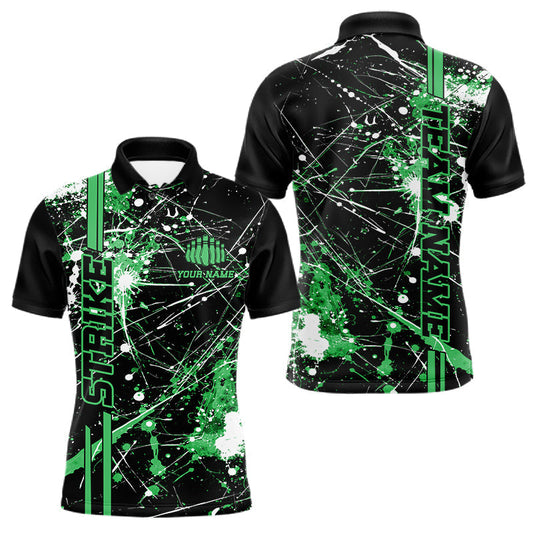 Maxcorners Custom Black And Green Splatter Camo Strike Bowling League Shirts, Men Bowling Jerseys LM0602