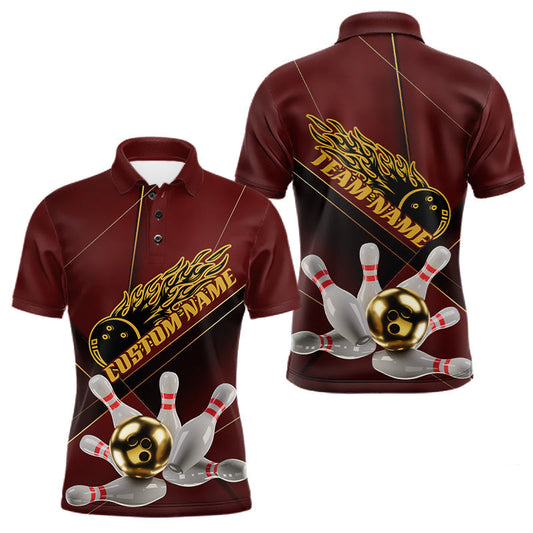 Maxcorners Custom Red And Gold Bowling Shirts For Men, Flame Bowling Team Shirts Bowling Uniform  LM0602