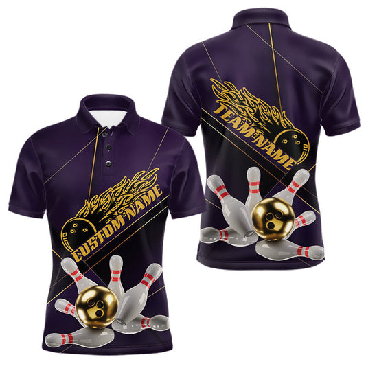 Maxcorners Custom Purple And Gold Bowling Shirts For Men, Flame Bowling Team Shirts Bowling Uniform LM0602