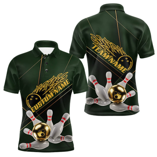 Maxcorners Custom Green And Gold Bowling Shirts For Men, Flame Bowling Team Shirts Bowling Uniform LM0602