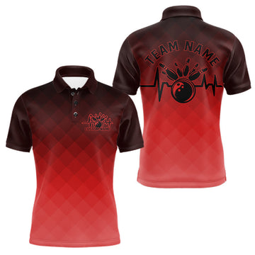 Maxcorners Bowling Heartbeat Pulse Line Red Argyle Custom Bowling Team Polo Shirts For Men LM0602