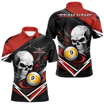 Maxcorners Custom Black And Red 9 Ball Skull Billiards Men Polo Shirt, Pool Team Shirt