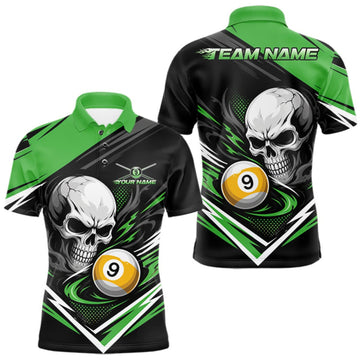Maxcorners Custom Black And Green 9 Ball Skull Billiard Men Polo Shirt, Pool Team Shirt LM1508