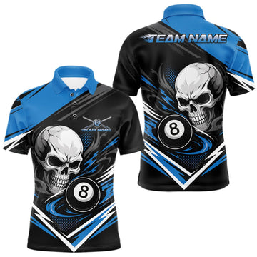 Maxcorners Custom Black And Blue 8 Ball Skull Billiard Men Polo Shirt, Pool Team Shirt LM1508