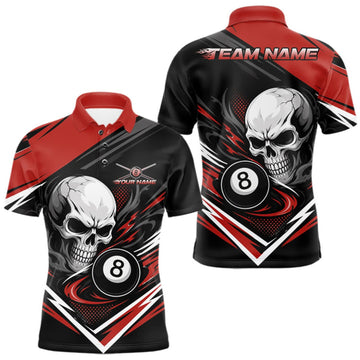 Maxcorners Custom Black And Red 8 Ball Skull Billiard Men Polo Shirt, Pool Team Shirt LM1508