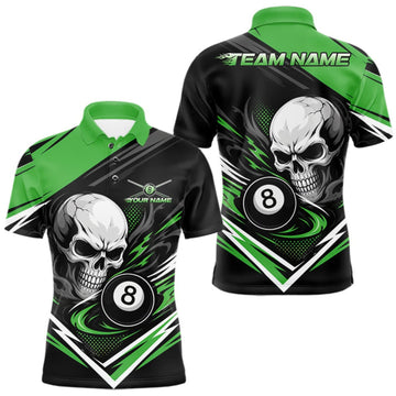Maxcorners Custom Black And Green 8 Ball Skull Billiard Men Polo Shirt, Pool Team Shirt LM1508