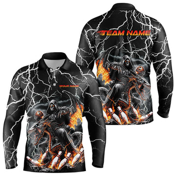 Maxcorners Black Thunder Lightning Grim Reaper Riding Dragon Custom Bowling Long Sleeve Polo Shirts For Men LM1903