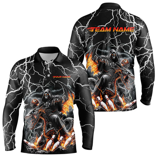 Maxcorners Black Thunder Lightning Grim Reaper Riding Dragon Custom Bowling Long Sleeve Polo Shirts For Men LM1903