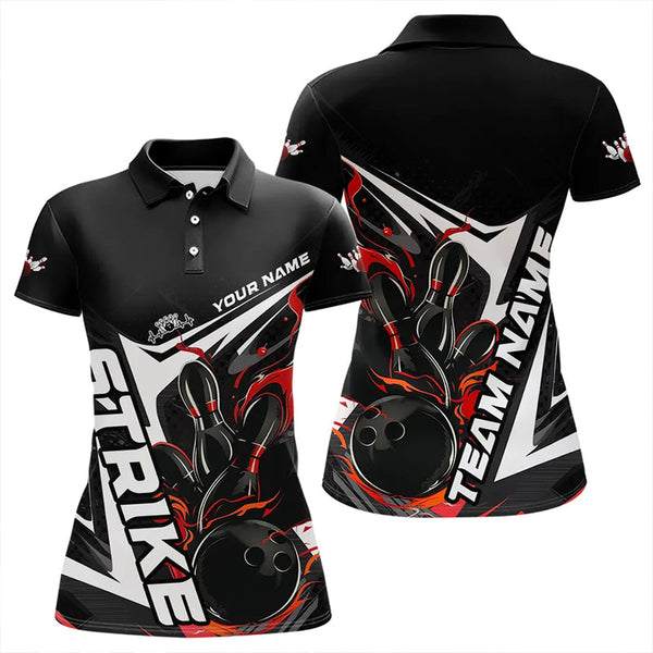 Maxcorners Custom Black And Red Flame Strike Bowling Polo Shirts For Men And Women Strike Bowling Jerseys