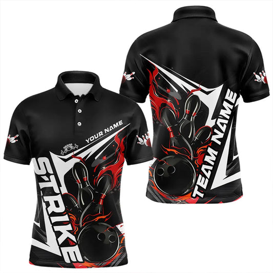 Maxcorners Custom Black And Red Flame Strike Bowling Polo Shirts For Men And Women Strike Bowling Jerseys