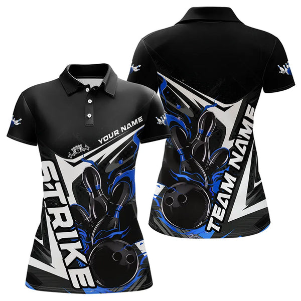 Maxcorners Custom Black And Blue Flame Strike Bowling Polo Shirts For Men And Women Strike Bowling Jerseys