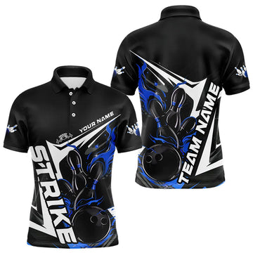 Maxcorners Custom Black And Blue Flame Strike Bowling Polo Shirts For Men And Women Strike Bowling Jerseys