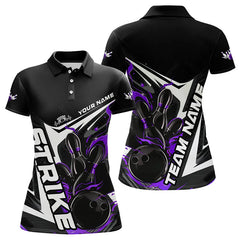 Maxcorners Custom Black And Purple Flame Strike Bowling Polo Shirts For Men And Women Strike Bowling Jerseys