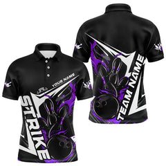 Maxcorners Custom Black And Purple Flame Strike Bowling Polo Shirts For Men And Women Strike Bowling Jerseys