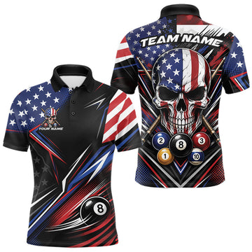 Maxcorners Custom Patriotic American Flag Skull Billiards Men Polo Shirt, US Flag Pool Jersey
