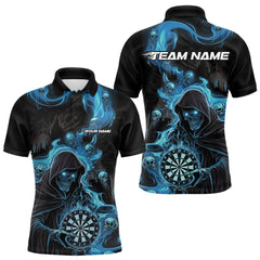 Maxcorners Custom Blue Fire Flame Grim Reaper Dart Men Polo Shirts, Dart Team Halloween Outfits LM1112