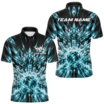 Maxcorners Custom Icy Cyan Crystal Ice Bowling League Team Polo Shirt For Men, Bowling Jersey