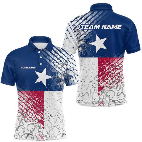 Maxcorners Custom Grunge Texas Flag Bowling Team Polo Shirts For Men, Texas Bowling Tournament Shirt MT0708