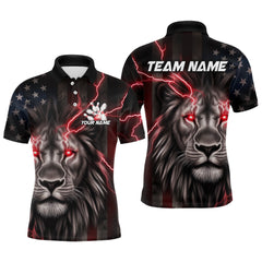 Maxcorners Custom Red Thunder Lightning Patriotic Lion Polo Shirts For Men, US Flag Bowling Jersey MT1706