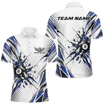 Maxcorners Custom White And Blue 8 Ball Billiard Jersey, Billiard Impact Men Polo Shirt Team Outfit