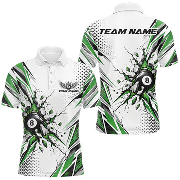 Maxcorners Custom White And Green 8 Ball Billiard Jersey, Billiard Impact Men Polo Shirt Team Outfit