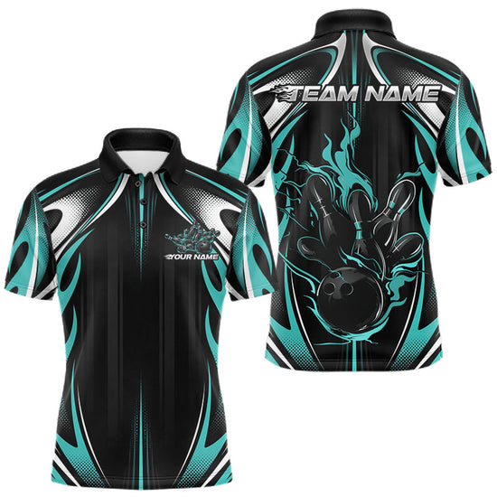 Maxcorners Custom Turquoise Blue Flame Bowling Team Jersey, Bowling League Men Polo Shirt