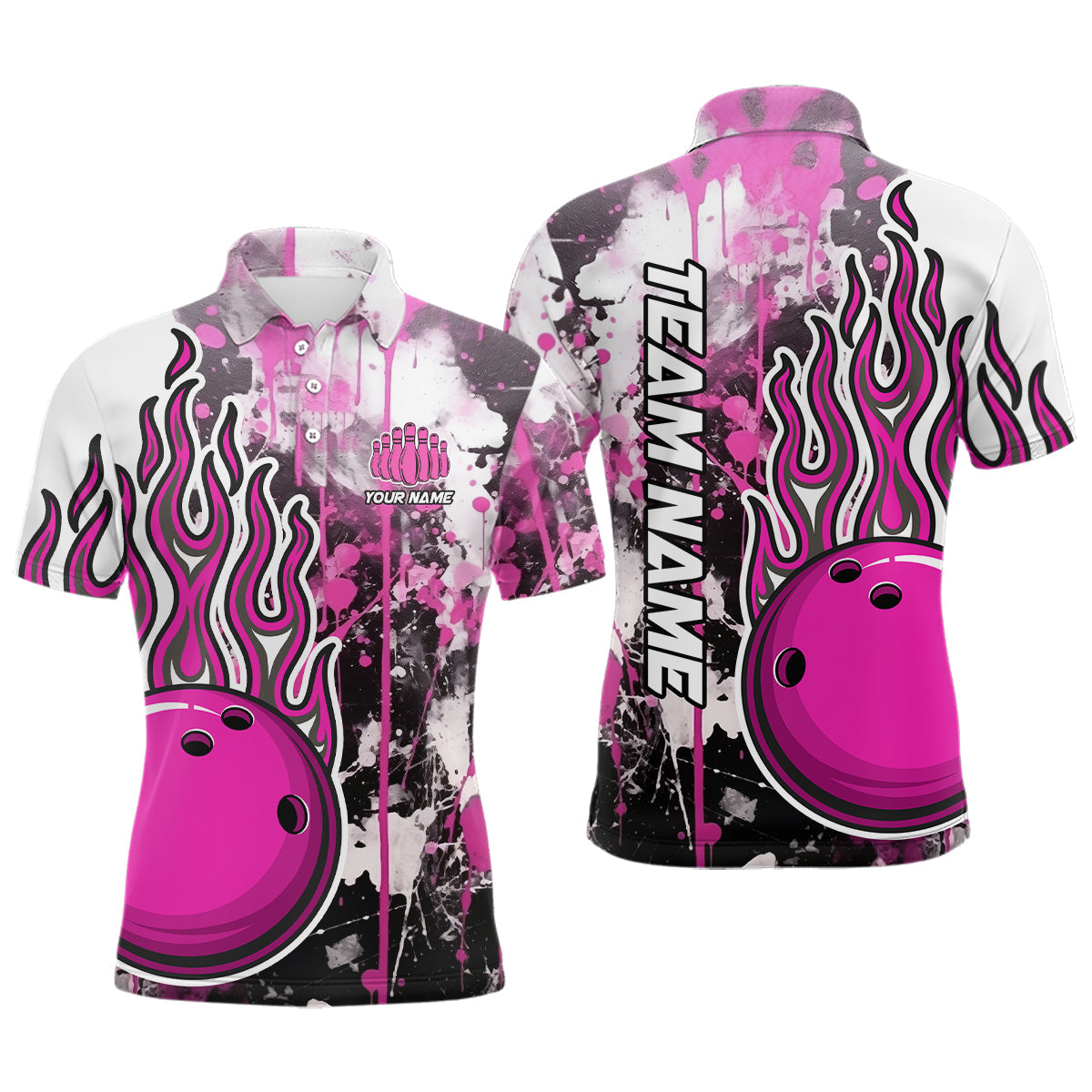 Maxcorners Pink Camo Flame Bowling Polo Shirts Custom Bowling Team Jerseys Bowling League Shirts