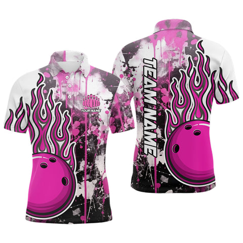 Maxcorners Pink Camo Flame Bowling Polo Shirts Custom Bowling Team Jerseys Bowling League Shirts