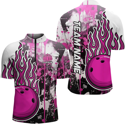 Maxcorners Pink Camo Flame Bowling Polo Shirts Custom Bowling Team Jerseys Bowling League Shirts